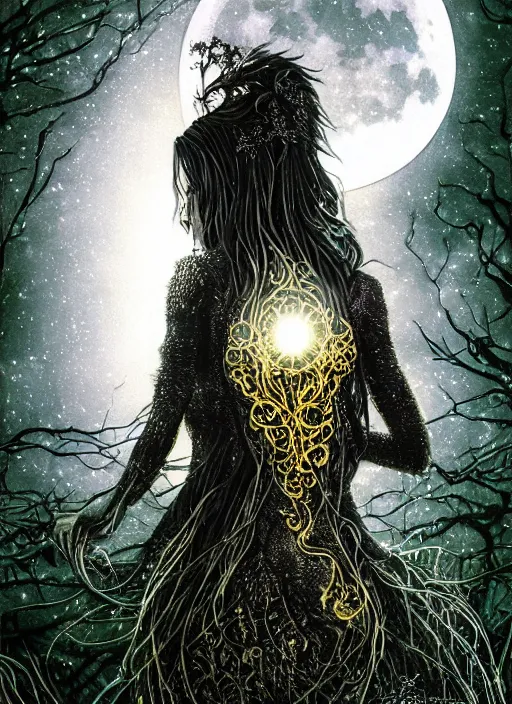 Image similar to glowing silver and golden elements, full close-up portrait, A beautiful dark witch in front of the full big moon, book cover, green forest, red white black colors, establishing shot, extremly high detail, foto realistic, cinematic lighting, pen and ink, intricate line drawings, by Yoshitaka Amano, Ruan Jia, Kentaro Miura, Artgerm, post processed, concept art, artstation, matte painting, style by eddie, raphael lacoste, alex ross