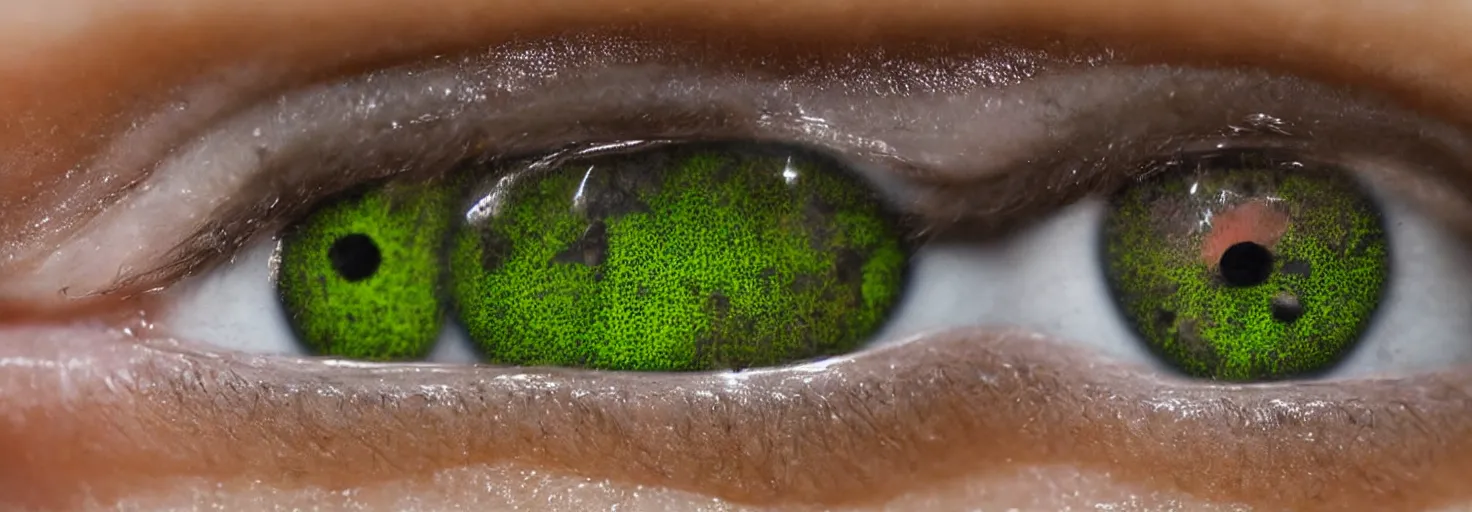 Image similar to close up of a female dead green eye reflecting a female figure holding a pistol