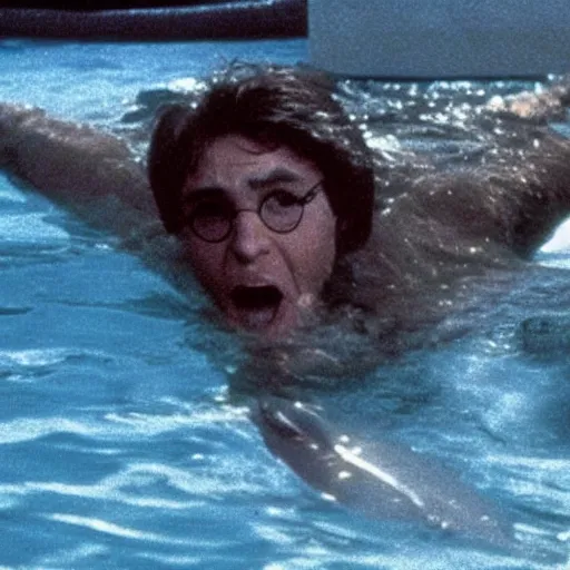 Prompt: Film still of Harry Potter swimming from a shark, from Jaws (1975)