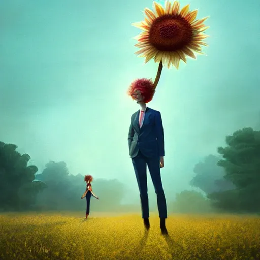 Image similar to giant daisy flower head, frontal, girl in a suit, surreal photography, sunrise, dramatic light, impressionist painting, digital painting, artstation, simon stalenhag