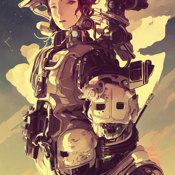 Image similar to anime skull portrait space pirate captain, futuristic science fiction, mucha, hard shadows and strong rim light, art by jc leyendecker and atey ghailan and sachin teng