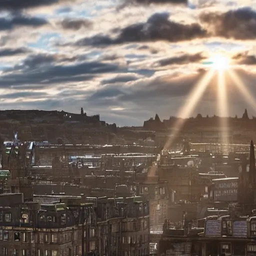 Image similar to Cityscape view of Edinburgh but underwater, sharp focus, sun rays through the water