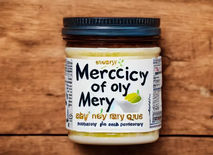 Prompt: a studio photograph of a jar of Mercy baby food with the slogan \'the quality of Mercy is not strained\'