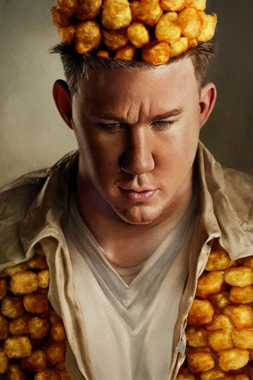 Image similar to channing tatum in a tater tot costume, oil on canvas, intricate, portrait, 8 k highly professionally detailed, hdr, cgsociety