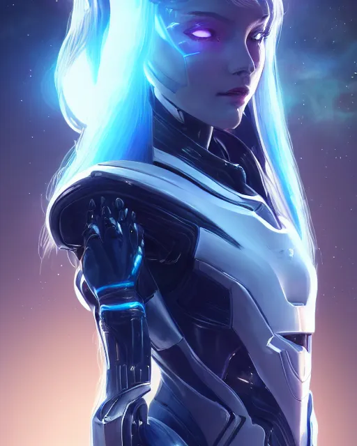 Image similar to perfect android girl on a mothership, warframe armor, beautiful face, scifi, futuristic, galaxy, nebula, raytracing, dreamy, long white hair, blue cyborg eyes, sharp focus, cinematic lighting, highly detailed, artstation, divine, by gauthier leblanc, kazuya takahashi, huifeng huang