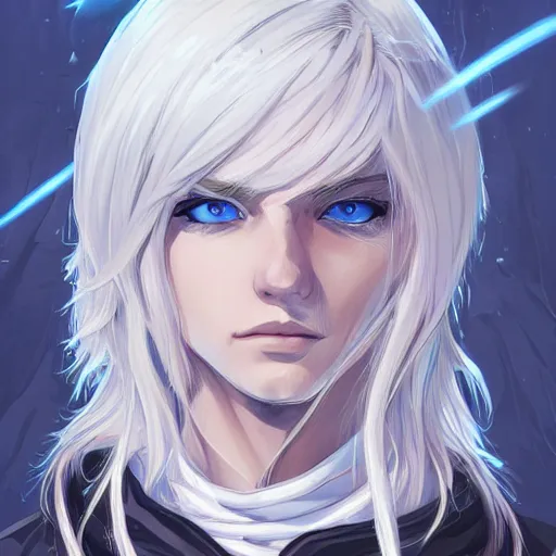 Image similar to cryomancer, flowing white hair, blue eyes, parka, androgynous, beautiful, detailed symmetrical close - up portrait, intricate complexity, in the style of artgerm and ilya kuvshinov, cel - shaded