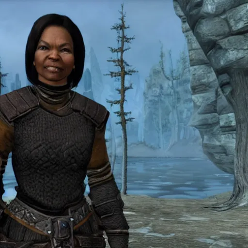Prompt: Condoleezza Rice in Skyrim, game screenshot