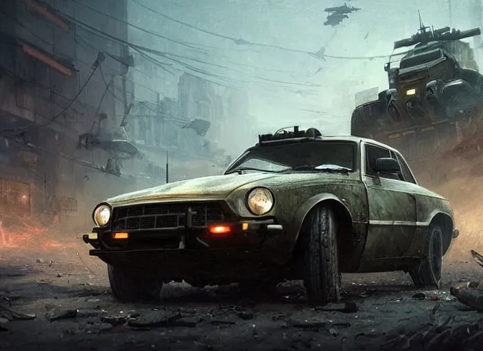 Prompt: A QUADRA TYPE-66 AVENGER car as a call of duty loading screen, intricate, dystopian, sci-fi, extremely detailed, digital painting, artstation, concept art, smooth, sharp focus, illustration, intimidating lighting, incredible art by artgerm and greg rutkowski and alphonse mucha and simon stalenhag