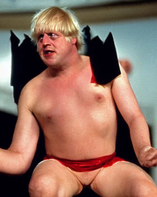 Image similar to film still close - up shot of boris johnson as a wrestler from the movie monty python's the meaning of life. photographic, photography