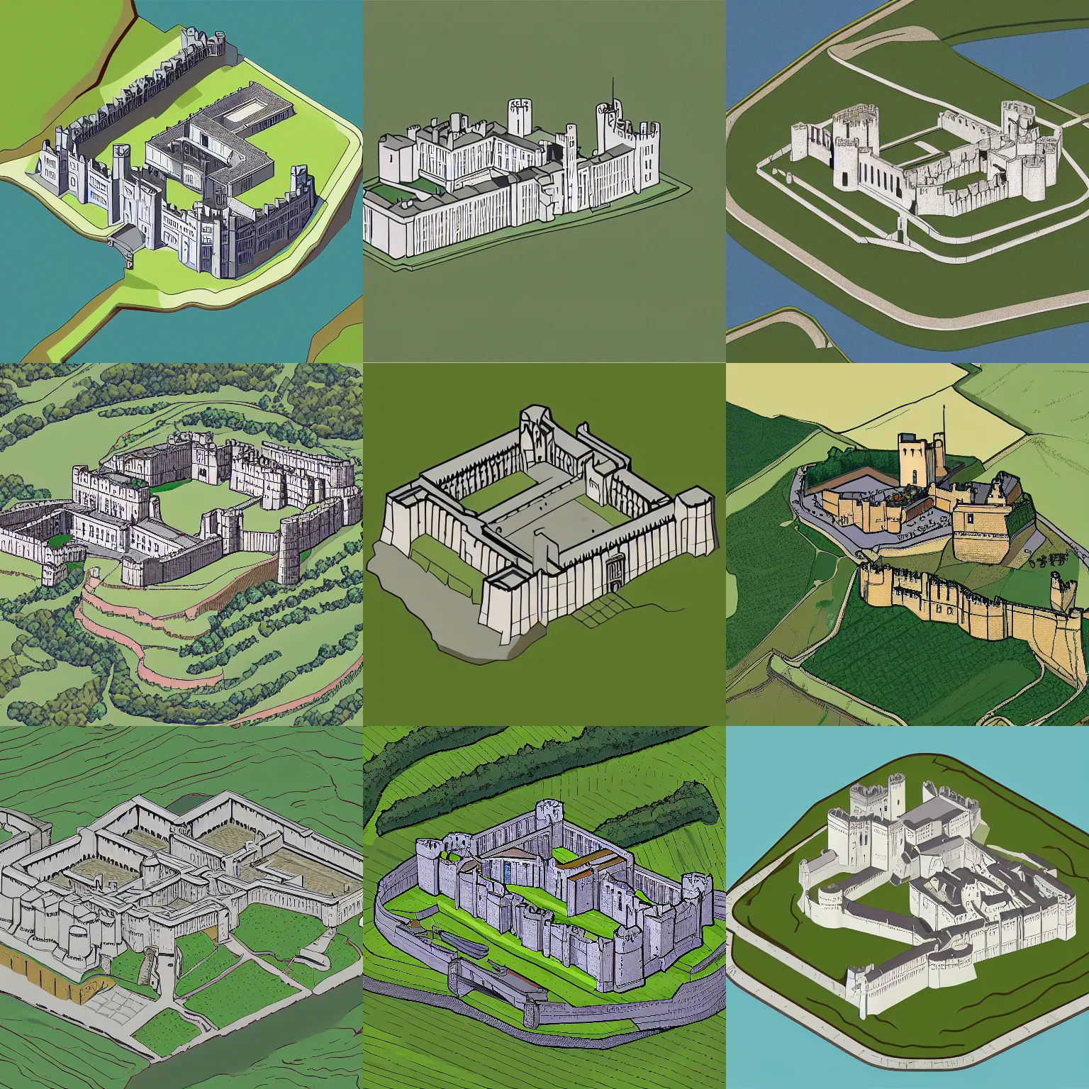 Prompt: Isometric image of Dover castle