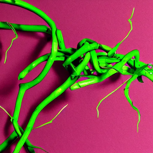 Image similar to studio photograph of a thin green vine creature with vine limbs and a pink blooming flower mouth with many sharp teeth