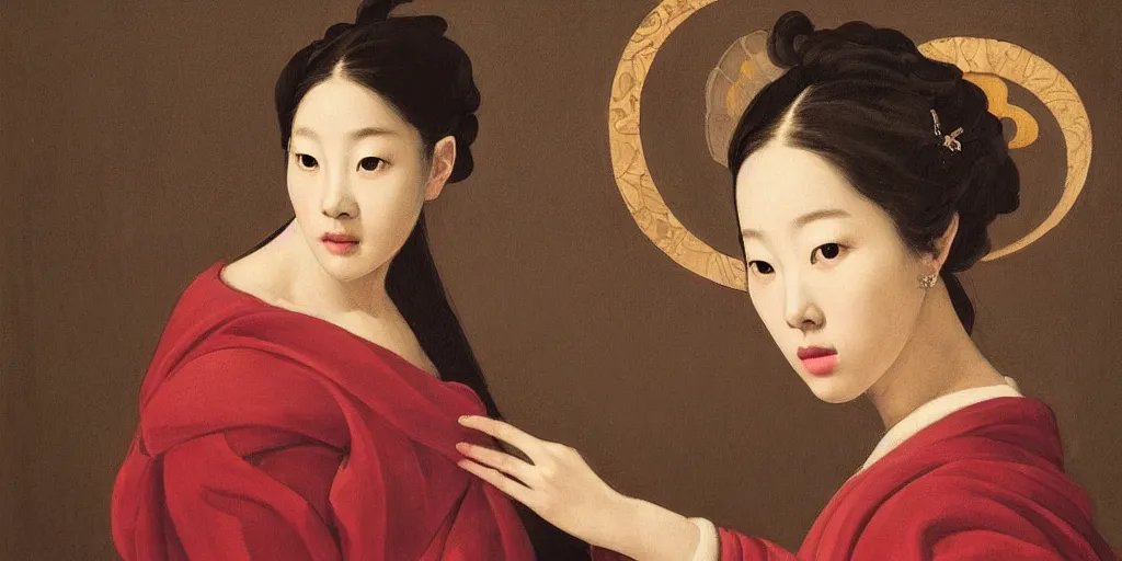 Prompt: a portrait of Kim Ji-soo as a very beautiful goddess with halo behind her head, seductively looking in front, beautiful aesthetic face, in the style of Caravaggio and Vermeer, realistic, dark, dramatic lighting