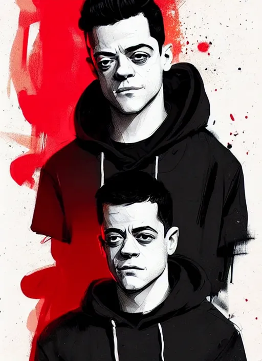 Image similar to highly detailed closeup art portrait of rami malek, elliot alderson, black hoody by atey ghailan, by greg rutkowski, by greg tocchini, by james gilleard, by joe fenton, by kaethe butcher, gradient red, black and white color scheme, grunge aesthetic!!! ( ( graffiti tag wall background ) )