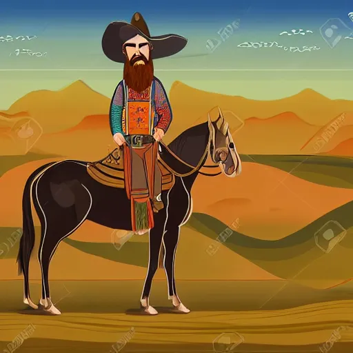 Prompt: bearded cowboy, standing alone, asian steppe in background, persian folkore illustration