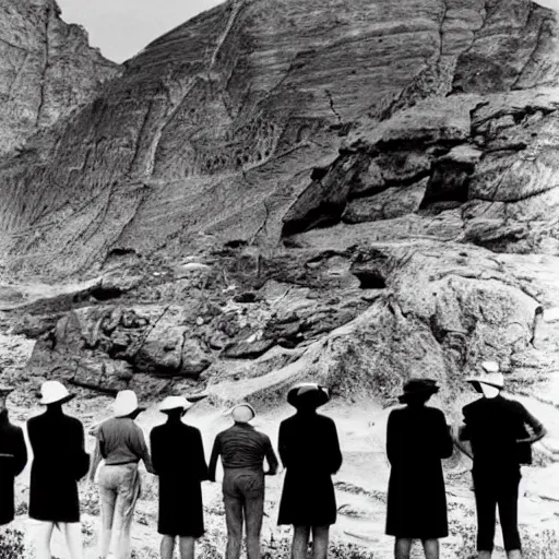 Image similar to paleozoic by ansel adams ultradetailed. a beautiful photograph of a group of people standing in a line. they are all facing the same direction & appear to be waiting for something.