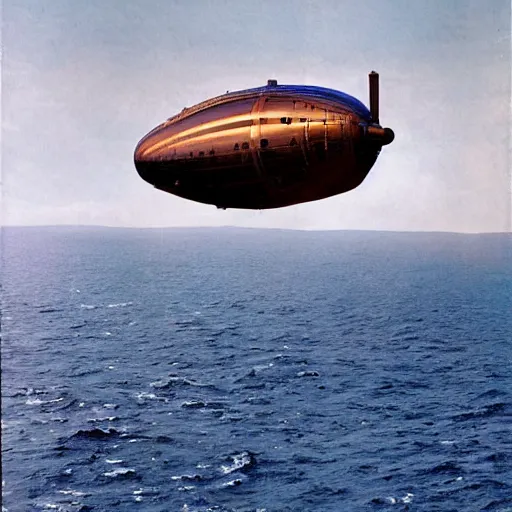 Image similar to Colour photo of steampunk airship flying across the Atlantic Ocean