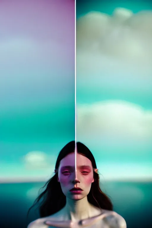 Image similar to high quality pastel coloured film close up wide angle photograph of a model wearing clothing swimming on cloud furniture in a icelandic black rock!! environment in a partially haze filled dreamstate world. three point light, rainbow. photographic production. art directed. pastel colours. volumetric clouds. pastel gradient overlay. waves glitch artefacts. extreme facial clarity. 8 k. filmic.