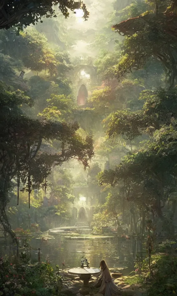 Prompt: the garden of inner peace, digital art, greg rutkowski,Quentin Mabille and Makoto Shinkai,trending on artstation and deviantart