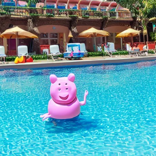 Prompt: an inflatable float of Peppa Pig in the center of a luxury hotel swimming pool