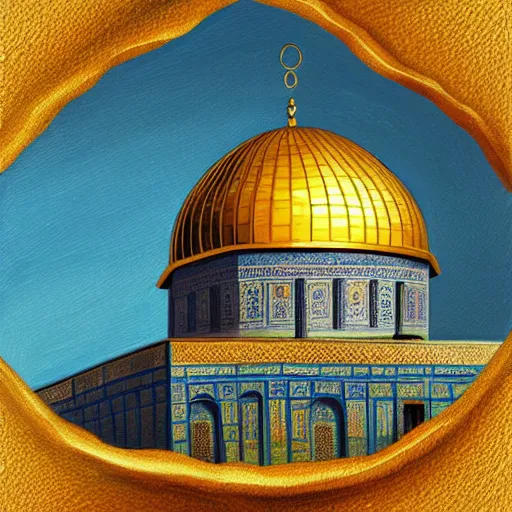 Image similar to a beautiful oil painting flyer design illustration of dome of the rock jerusalem hands hugging it, intricate, elegant, highly detailed, digital painting, artstation, concept art, smooth, sharp focus, illustration