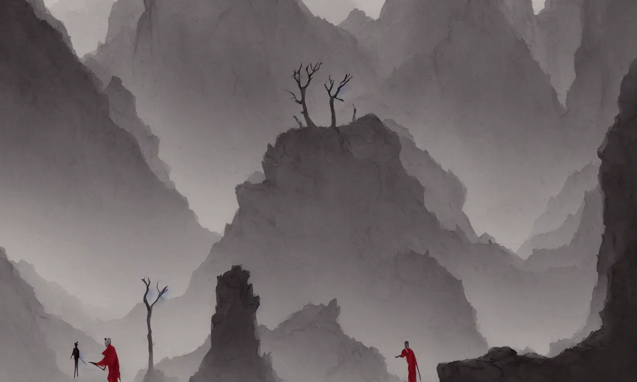 Prompt: Black ink watercolour painting of one lonely taoist monk walking with a stick and a long red robe blown by the dusty wind through mountainous canyons, a few wretched dry trees hanging, lit by the light of the sunset, glimmer of the horizon in the far distance, a place abandoned by gods, hyperdetailed artstation cgsociety by greg rutkowski and by gustave dore