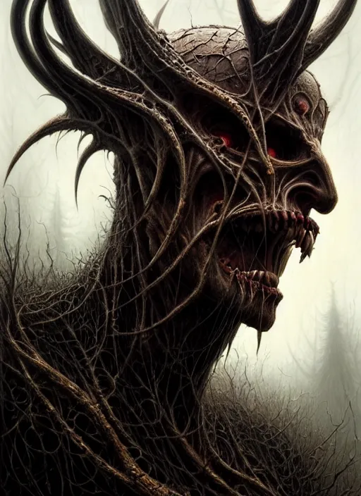 Prompt: closeup portrait shot of a wendigo in a scenic dystopian environment, intricate, elegant, highly detailed, centered, digital painting, artstation, concept art, smooth, sharp focus, illustration, artgerm, tomasz alen kopera, peter mohrbacher, donato giancola, joseph christian leyendecker, wlop, boris vallejo