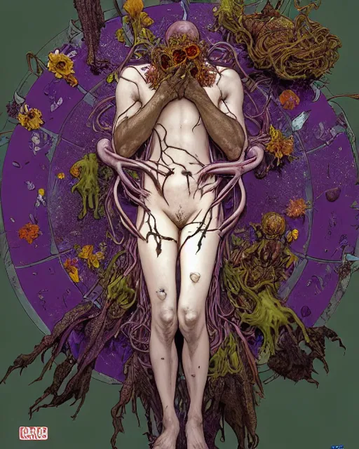 Image similar to the platonic ideal of flowers, rotting, insects and praying of cletus kasady carnage thanos davinci dementor wild hunt chtulu mandala ponyo heavy rain the witcher, d & d, fantasy, ego death, decay, dmt, psilocybin, concept art by randy vargas and greg rutkowski and ruan jia and alphonse mucha