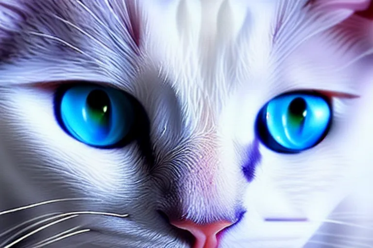 Image similar to an epic professional oil painting of a white cat with blue eyes, epic, stunning, gorgeous, intricate detail, much wow, 4K, masterpiece,