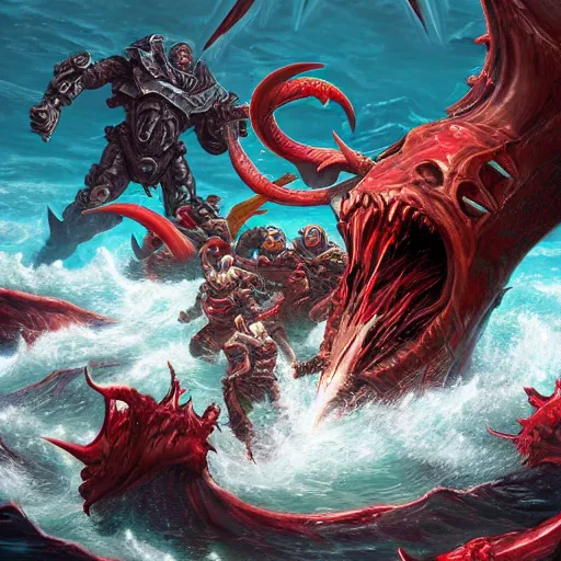 Prompt: Doomslayer fighting ocean demons, artstation, high detail