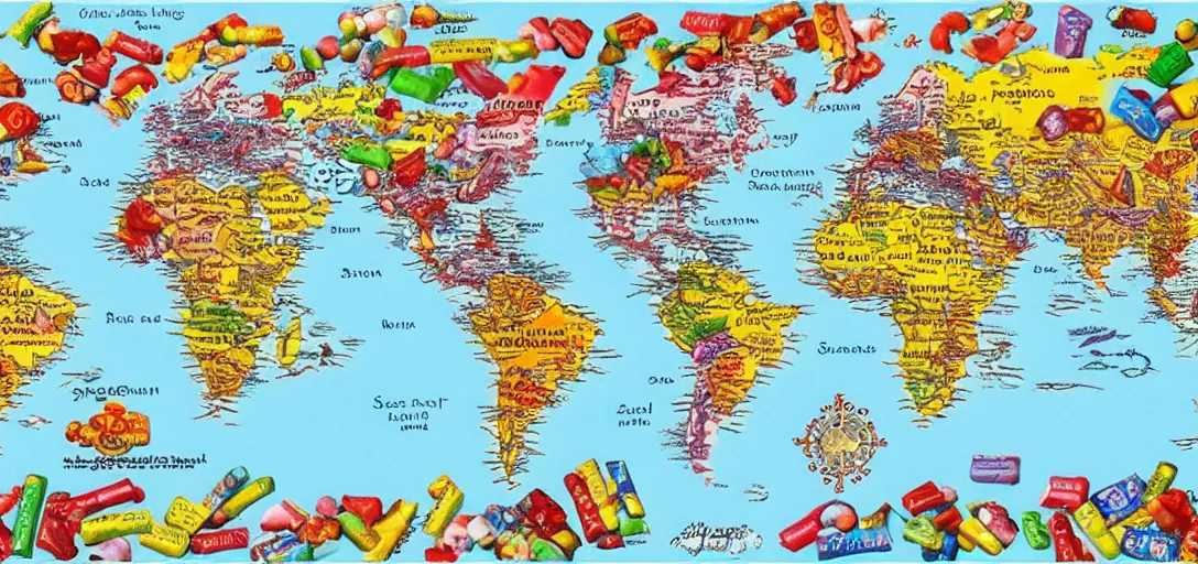 Prompt: an accurate world map made of candy, in the style of a treasure map