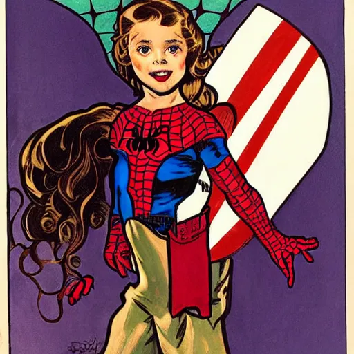 Image similar to a little girl with a mischievous face and light brown curly wavy hair. she is dressed as captain america, spider - man, batman, captain marvel, a superhero. well composed, clean elegant painting, beautiful detailed face. by steve ditko and jack kirby and alphonse mucha