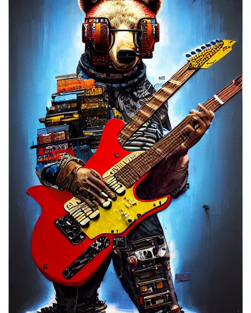 Image similar to a portrait of an anthropomorphic cyberpunk bear shredding an electric guitar by sandra chevrier, by jon foster, detailed render, tape deck, epic composition, cybernetics, 4 k realistic, cryengine, realistic shaded lighting, sharp focus, masterpiece, by enki bilal