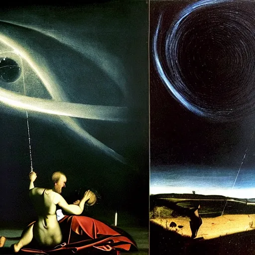 Image similar to about world in comfort caravaggio and quint bucholz parallel reality with unreal endless night sky