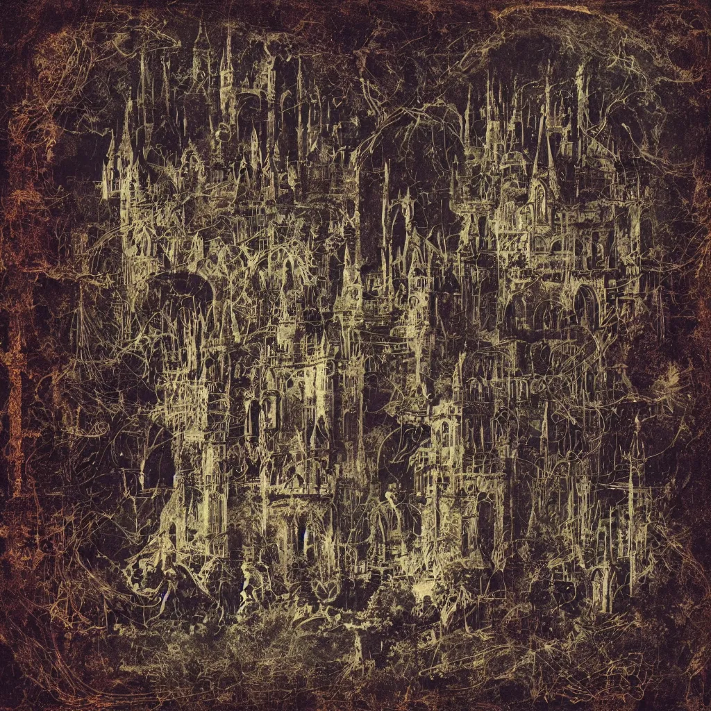 Image similar to an electronic music concert being held inside a medieval castle, album back cover, high detail texture