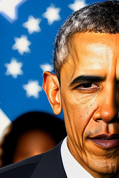 Image similar to a very close up fish eye lens photo of Obama up to his nose