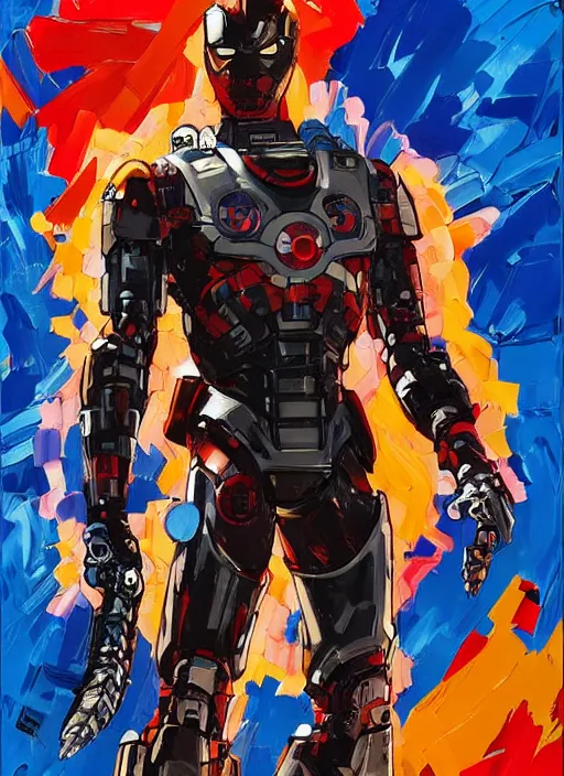 Image similar to marvel mcu falcon, wearing futuristic cybernetic battle armor, by ashley wood, yoji shinkawa, jamie hewlett, 6 0's french movie poster, french impressionism, vivid colors, palette knife and brush strokes, dutch angle