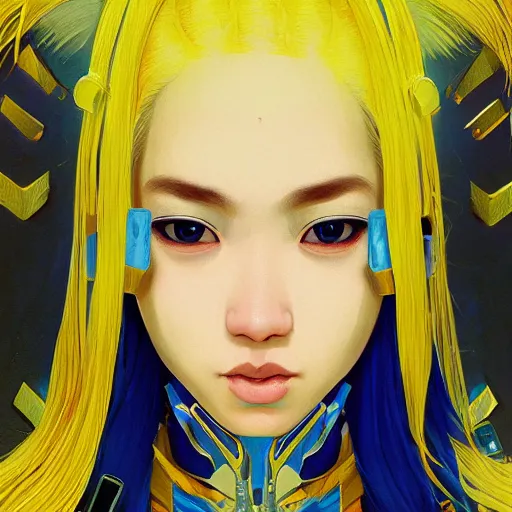 Prompt: symmetry!! portrait of a filipino cute girl blue - yellow hair, nasal strip, cyborg body, intricate, elegant, highly detailed, my rendition, digital painting, artstation, concept art, smooth, sharp focus, illustration, art by artgerm and greg rutkowski and alphonse mucha and uang guangjian and gil elvgren and sachin teng