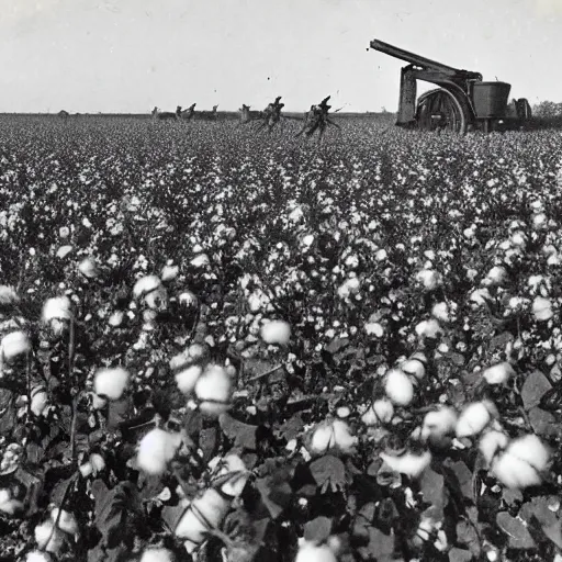 Image similar to robots working in the cotton field , 1824 , old photograph , 4k , HD