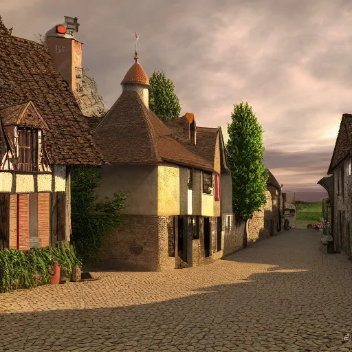 Prompt: digital art of a small village in medieval France in the style of Deiv Calviz, 4K
