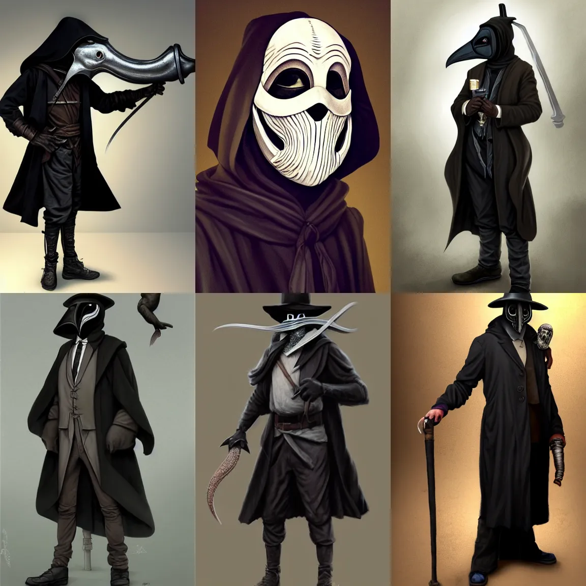 Prompt: Full body Picture of a male Plague doctor, jet black tuffle coat, beaked mask, battle, detailed face features, alone, D&D, by artgerm and Craig Mullins, James Jean, Andrey Ryabovichev, Mark Simonetti and Peter Morbacher, matte painting, trending on artstation, artstationHD, artstationHQ, octane, full HD, 16K, award winning