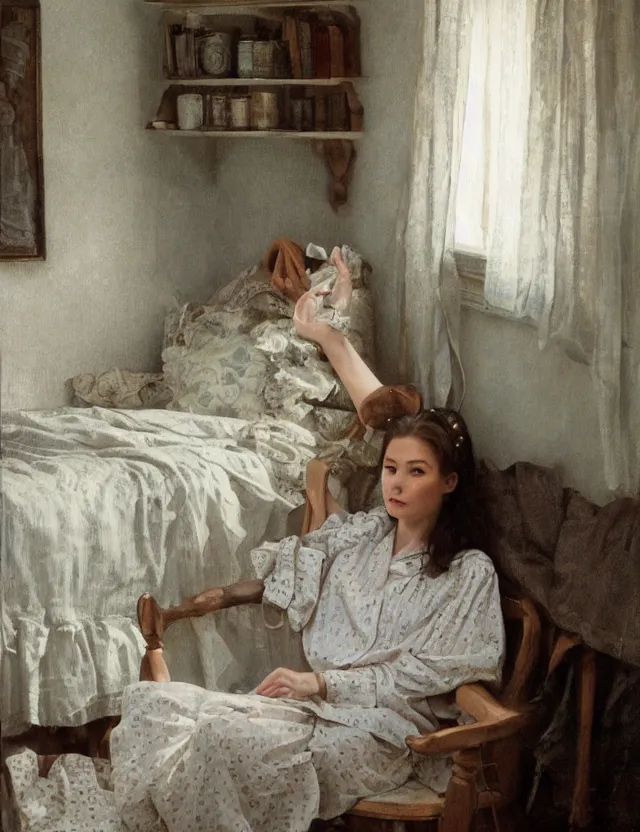 Image similar to Aristocrat girl in the cottage in the morning in a Pajama, country style, portrait, Cinematic focus, Polaroid photo, vintage, neutral colors, soft lights, foggy, by Steve Hanks, by Serov Valentin, by lisa yuskavage, by Andrei Tarkovsky 8k render, detailed, oil on canvas