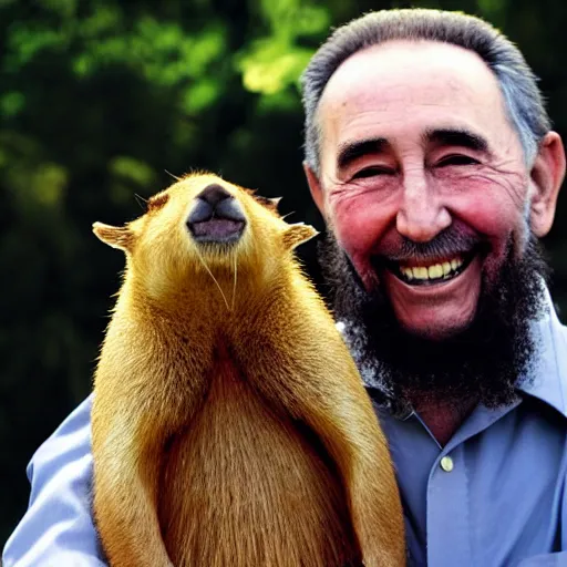 Image similar to photo of Fidel Castro smiling, holding his pet Capybara, 50mm