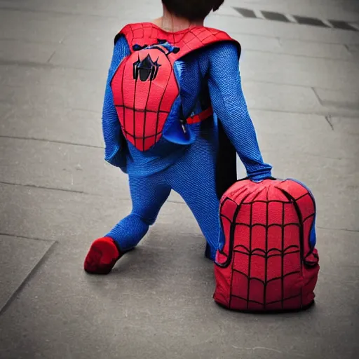 Image similar to Spiderman wearing backpack ,mellow , dramatic, sad ambience