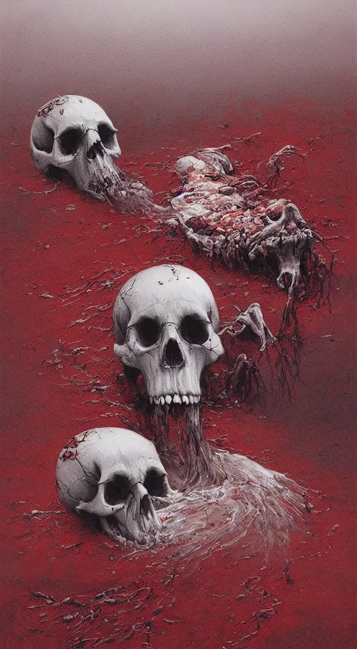 Prompt: dead river, dead fish, skull, poland, red color, highly detailed, 8 k, artstation, beutifull, masterpiece by beksinski