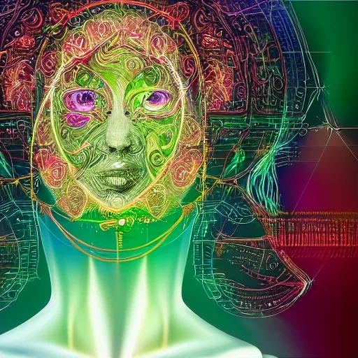 Prompt: a majestic portrait of an old female computer algorithm with heart and brain and soul connected to the computer cloud using digital energy beams, digital painting, high detail, 8 k, intricate ornamental details, avant garde, vibrant iridescent colors, green magenta and gold