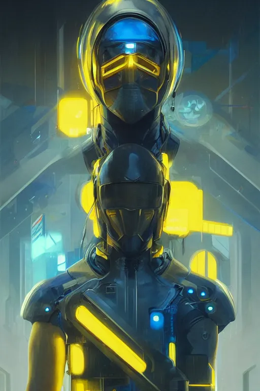 Image similar to cyberpunk knight modern technology, blue and yellow flags, realistic portrait full body, symmetrical, highly detailed, digital painting, artstation, concept art, smooth, sharp focus, illustration, cinematic lighting, art by artgerm and greg rutkowski and alphonse mucha