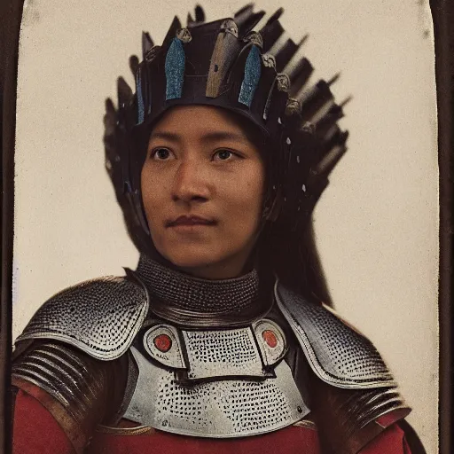 Prompt: head and shoulders portrait of a female knight, quechua!, lorica segmentata, cuirass, tonalist, symbolist, realistic, ambrotype, 2 0 0 mm, f 1. 4, baroque, detailed, modeled lighting, vignetting, indigo and venetian red, angular, smiling, eagle