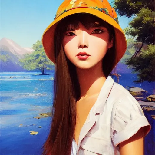 Image similar to oil painting by ilya kuvshinov,, baugh casey, artgerm craig mullins, coby whitmore, of a youthful japanese girl, long hair, fishing and wearing fisherman's outfit, fisherman's hat, highly detailed, breathtaking face, studio photography, noon, intense bounced light, water reflection, large tree casting shadow, serine intense sunlight