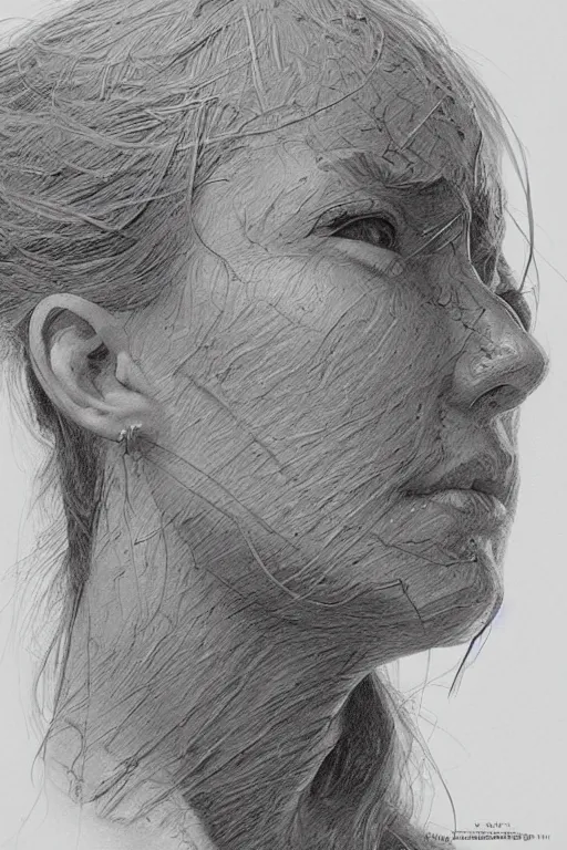 Image similar to female head portrait album cover hyper detailed concept art sheet crosshatch sketch illustration art style by Jonathan Wayshak and Toshihiro Egawa and Zdizslaw Beksinski and Artstation trending 8k