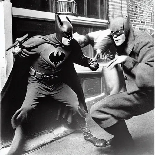 Image similar to old black and white photo, 1 9 2 5, depicting batman fighting a man in vintage suit in an ally of new york city, rule of thirds, historical record